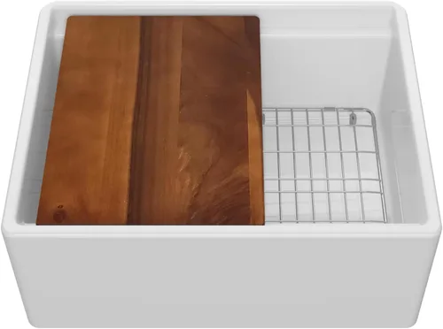 Vista 13 de Whitehaus Reversible Single Bowl Fireclay Sink Set with Smooth Front Apron, Walnut Wood Cutting Board and Stainless Steel Grid (Dark Gray, 27" x 19")