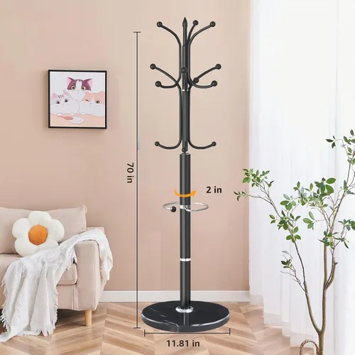 Vista 4 de ZOZOE Perchero de Metal con Soporte, Perchero Moderno Independiente con Base de Mármol Natural, Percheros Resistentes con 12 Ganchos y Negro