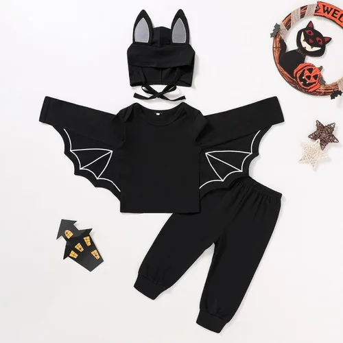 Vista 2 de YOUNGER TREE Conjunto de ropa de invierno para bebés y niñas pequeñas, con capucha de murciélago negro, con bolsillo y cremallera