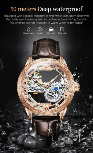 Vista 5 de Relojes de cuero de esqueleto para hombre, vestido de lujo automático, mecánico, automático, impermeable, luminoso, relojes de pulsera