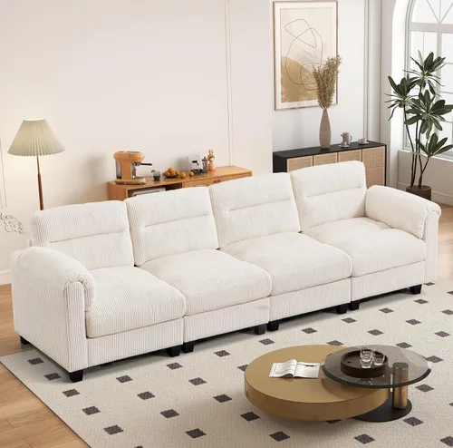 Vista 53 de HAOMARKETS Sofá esquinero modular en forma de L de 115 pulgadas con 2 otomanas móviles, sofás de pana de 8 plazas con cojín grueso para sala de Beige
