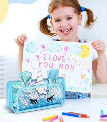 Vista 4 de Lindo estuche para lápices, estuche 3D para niñas y niños, bolsa brillante para lápices con lentejuelas para estudiantes, suministros escolares