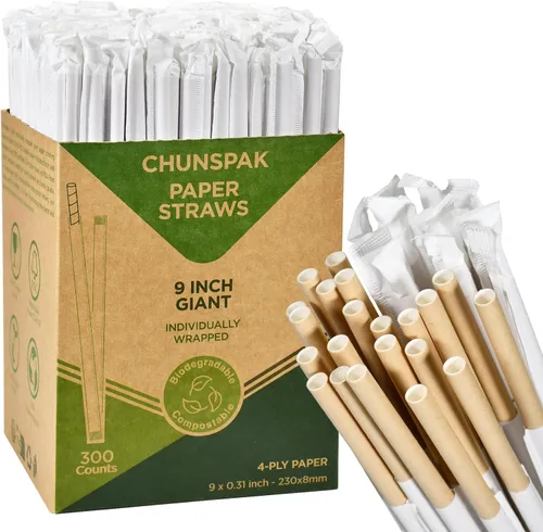 Vista 13 de Pajitas de papel desechables envueltas individualmente de 7.75 x 0.24 pulgadas, rayas coloridas [400 unidades] - biodegradables ecológicos