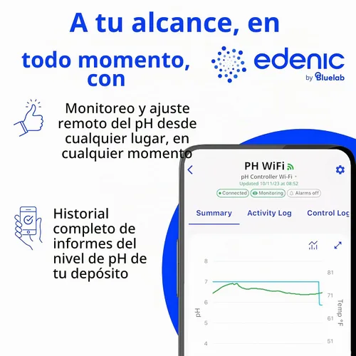 Vista 5 de Controlador de pH Bluelab Wi-Fi con monitoreo del reservorio 24/7 para pH con dosificación automatizada de nutrientes, integración Edenic, sondas