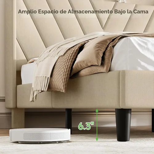 Vista 7 de koorlian Marco de cama tamaño matrimonial, Marco de cama tamaño matrimonial con cabecero, Marco de cama tapizado ajustable con puerto tipo C y USB