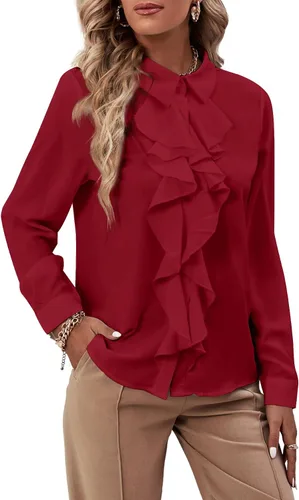 Vista 33 de LYANER - Blusa de manga larga con cuello de botón y volantes en la parte delantera para mujer