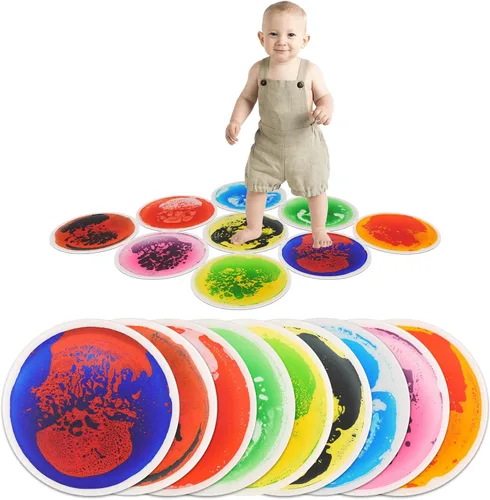 Vista 12 de art3d 4 piezas de baldosas sensoriales redondas para niños, bebés y niños pequeños, alfombra de actividad sensorial líquida colorida para juego