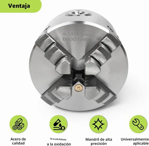 Vista 4 de RATTMMOTOR - Portabrocas de torno de 76 mm de 4 mandíbulas autocentrante de 3" K12-80mm, 6600R/Min 40N.m 10KN, Portabrocas de torno de precisión