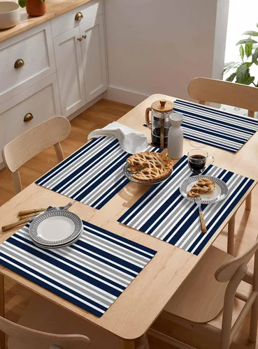 Vista 5 de Juego de 6 manteles individuales lavables de lino y algodón para cocina, mesa de comedor, color azul marino, gris y blanco, a rayas