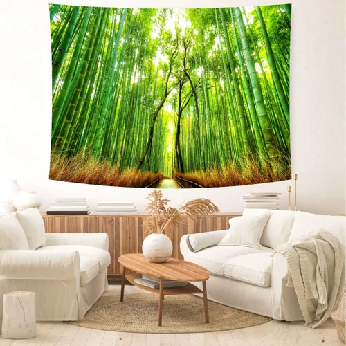 Vista 5 de Delur Tapiz de camino del bosque, puesta de sol, selva tropical tropical, árbol natural, tapiz para colgar en la pared, cabecera de paisaje verde