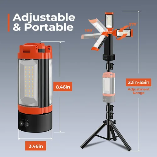 Vista 7 de Luz de campamento recargable de 12000 mAh con soporte ajustable, luz de trabajo inalámbrica con 3 cabezales de lámpara LED, linterna de emergencia