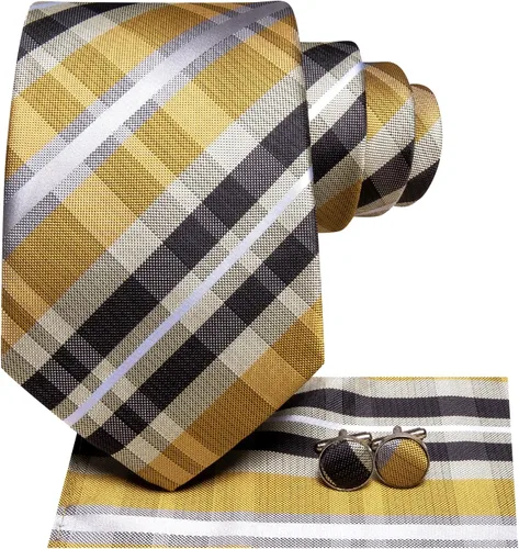 Vista 305 de Hi-Tie Corbata clásica de cachemira para hombre con pañuelo y gemelos a cuadros