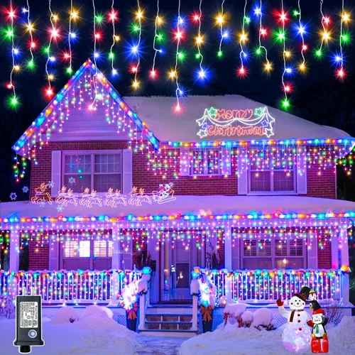 Vista 12 de Luces de Navidad de carámbano para exteriores, 66 pies, 640 luces LED de Navidad azules y blancas, 8 modos con 120 gotas, luz de carámbano