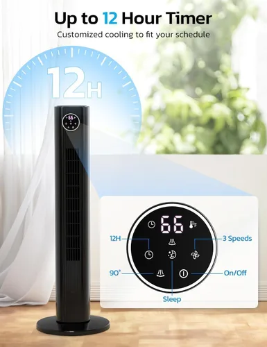 Vista 3 de ZAFRO Ventilador de torre para dormitorio, ventilador oscilante de 90° con 4 modos, 3 velocidades, velocidad de 25 pies/s, temporizador de 12 horas