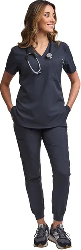 Vista 6 de Green Town Conjunto de ropa quirúrgica para mujer, pantalón deportivo y parte superior con cuello en V, 5 bolsillos, cintura de yoga, uniforme