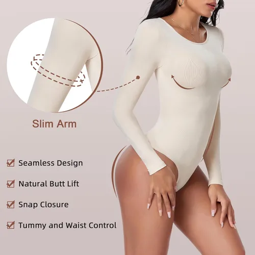 Vista 4 de EUYZOU Body de compresión sin costuras para mujer, con control de abdomen, manga larga, moldeador de cuerpo