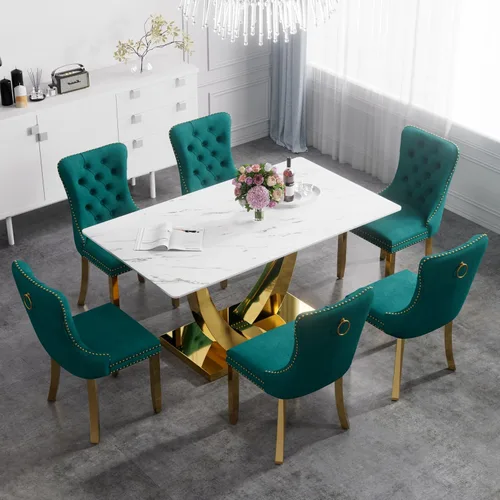 Vista 36 de Juego de mesa de comedor de cristal moderno de mediados de siglo para 4, 63 pulgadas, juego de comedor rectangular grande de lujo con parte superior