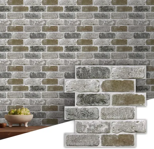 Vista 28 de Commomy Paneles de pared autoadhesivos de ladrillos falsos - 10 piezas de 30 cm x 30 cm de tamaño pequeño, diseño de PVC gris con manchas, papel