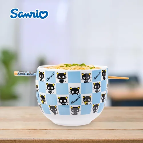 Vista 6 de Silver Buffalo Hello Kitty y sus amigos Chococat - Tazón de cerámica para ramen y arroz con palillos, patrón a cuadros, apto para microondas, 20