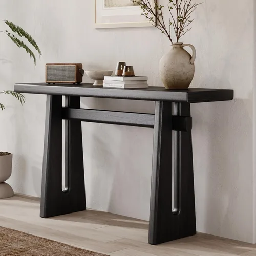 Vista 27 de Mesa consola de madera de 45 pulgadas para mesa de entrada, consola minimalista estrecha retro de granja con madera de mango maciza, mesas de sofá