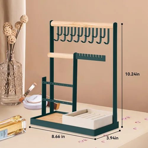 Vista 7 de Soporte organizador de joyas con soporte de terciopelo para anillos, organizador de joyas de 4 niveles con 15 ganchos, organizador de collares