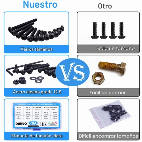 Vista 5 de Surtido de 702 tornillos métricos M3, tapa de botón hexagonal M3, tornillos de máquina M3, tornillos y tuercas surtido con llave Allen