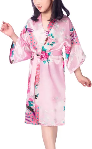 Vista 6 de Kimono Wonderfit satinado con tocado de pavo real y flores para niñas para spa cumpleaños boda