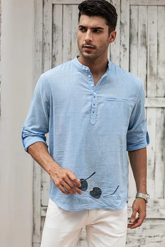 Vista 7 de JMIERR Camisa Henley de algodón y lino para hombre, estilo casual, hippie, de manga larga, con bolsillo