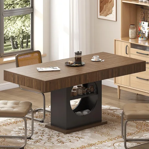 Vista 7 de Mesa de comedor para 4-6 personas, mesa de comedor de 55 pulgadas con cajones y almacenamiento abierto, base de pedestal de madera, mesa rectangular