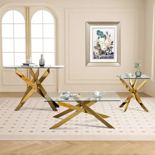 Vista 10 de Mesa de centro rectangular moderna de cristal, mesa central de vidrio templado y patas de metal chapado en oro para sala de estar, oficina en casa