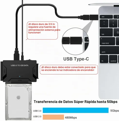 Vista 5 de Adaptador USB 3.0 a IDE SATA lector de disco duro para disco duro HDD/SSD de 2.5/3.5, cable de convección externa de ultra recuperación incluye