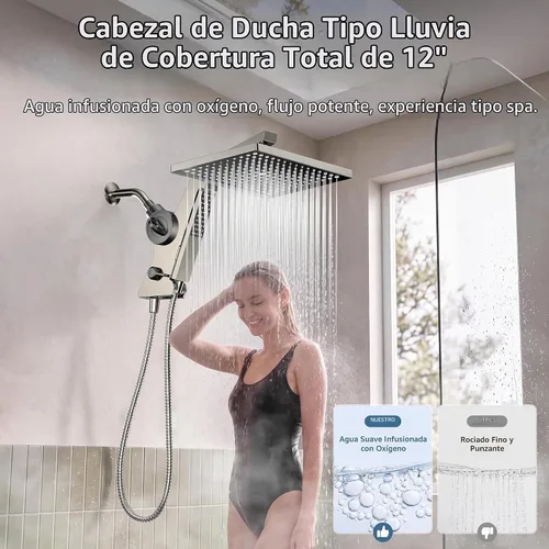 Vista 6 de JDO Cabezal de ducha de lluvia filtrado de 12 pulgadas con spray de mano Níquel cepillado