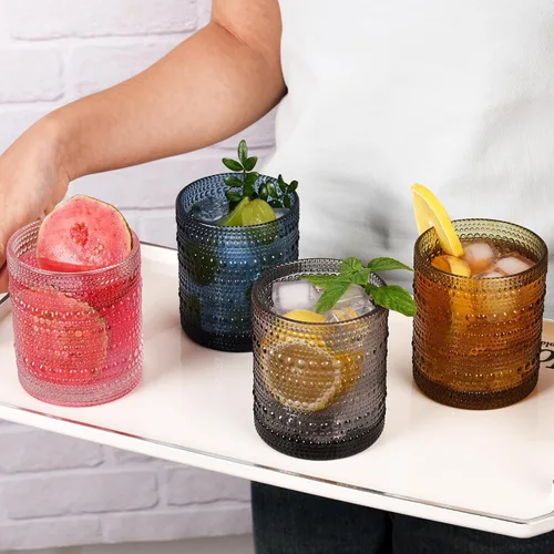 Vista 5 de Vasos de cóctel de 10 onzas, juego de 6 vasos de copa, cristalería vintage, vasos de vidrio texturizado, vasos de burbujas, vasos de agua, juego