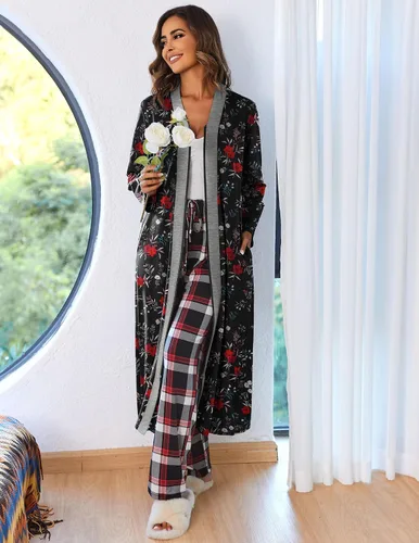 Vista 3 de Ekouaer Bata de manga larga con cremallera para mujer, bata ligera de longitud completa con bolsillos