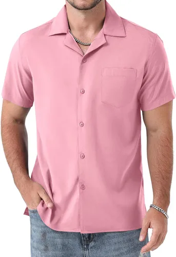 Vista 12 de ZEROYAA Camisas de manga corta con botones y ajuste regular para hombre Rojo llama