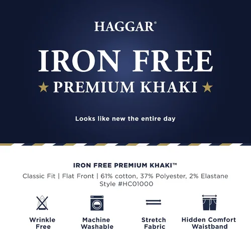 Vista 5 de Haggar Pantalón casual para hombre sin hierro de alta calidad, color caqui, ajuste clásico, parte delantera plana, cintura expansible, tallas