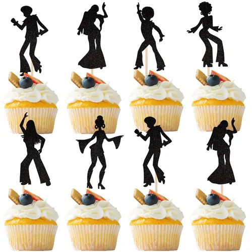 Vista 14 de 24 piezas de decoración de cupcakes de reina bailarina con brillantina, bola de discoteca, notas musicales, cantante, baile, cupcakes, temática