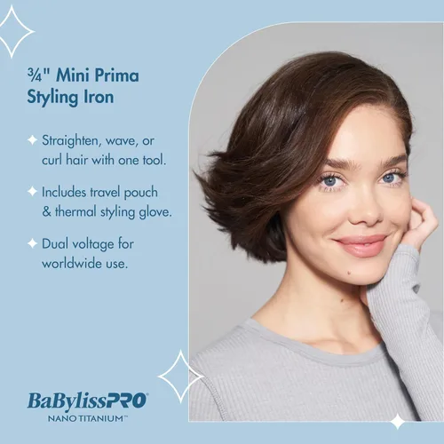 Vista 2 de BaBylissPRO Nano Titanium Prima2000 Ionic Styling Iron, 3/4" stainless steel travel/mini iron, all hair types