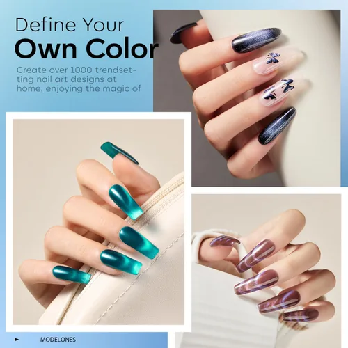Vista 2 de modelones - Juego de 6 esmaltes en gel con efecto de ojo de gato cristalino, holográfico 9D, brillantina, negro, azul, morado, verde, con imán