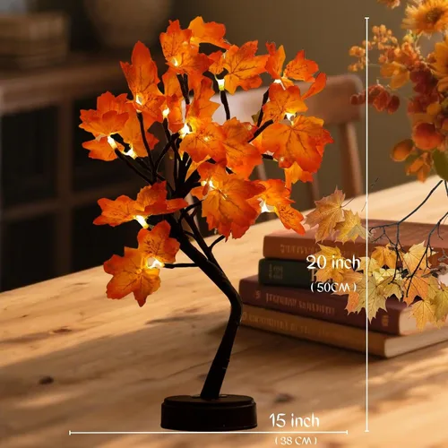 Vista 6 de Árbol de arce artificial iluminado de otoño, 24 luces LED, decoraciones de Acción de Gracias, funciona con batería/USB, árbol pequeño preiluminado