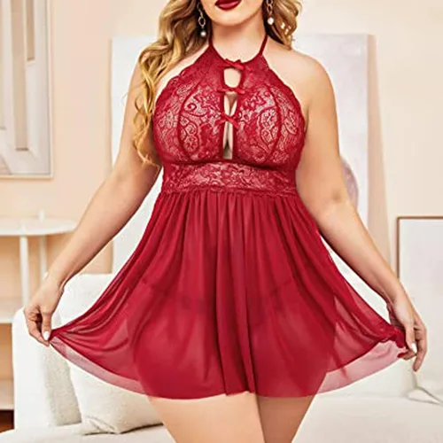 Vista 3 de Lencería de talla grande para mujer para sexo travieso juego de encaje transparente pijamas halter camisola babydoll de peluche
