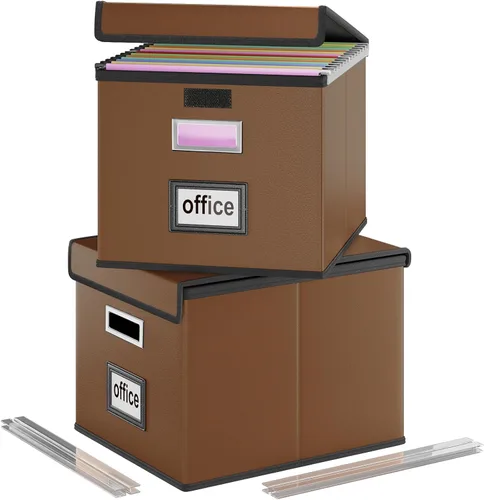 Vista 40 de Caja organizadora de archivos Huolewa con tapa, caja organizadora de carpetas de archivos colgantes de cuero sintético plegable con deslizadores