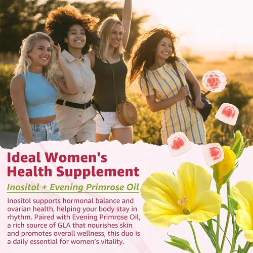 Vista 5 de Gomitas de inositol con aceite de onagra para mujeres, proporción 40:1, mio-inositol de 2000 mg y D-Chiro inositol 50 mg con vitamina D3 B6 B12
