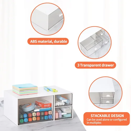 Vista 6 de LETURE Organizador de escritorio de oficina de papelería con 3 cajones, organizador de maquillaje de tocador, organizador de almacenamiento