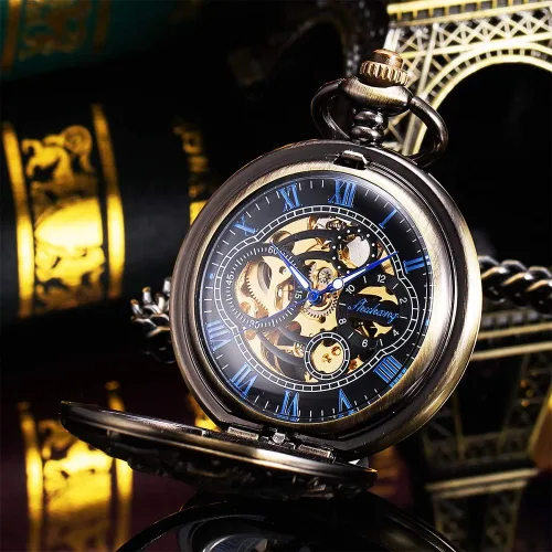 Vista 5 de ManChDa Reloj de bolsillo mecánico de esqueleto antiguo para hombre Dragon Hollow Hunter con cadena y caja, Mecánico