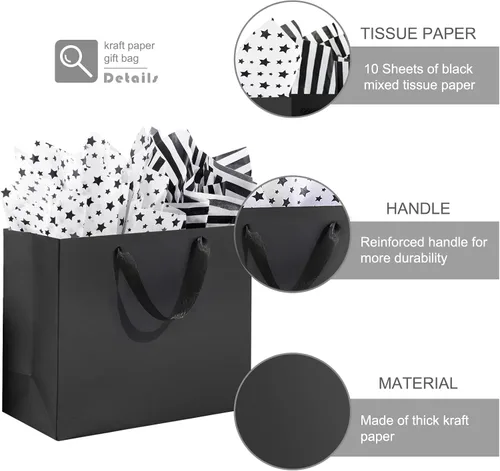 Vista 3 de Paquete de 4 bolsas de regalo negras extra grandes, bolsas de regalo grandes con papel de seda, 16 x 6 x 12 pulgadas, bolsas de regalo para pequeñas