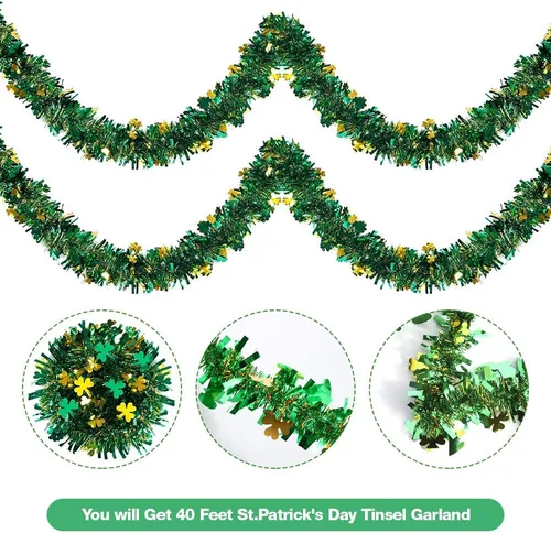 Vista 6 de Guirnalda de oropel del día de San Patricio de 40 pies, guirnalda de oropel metálica con purpurina de trébol verde dorado y verde decoración