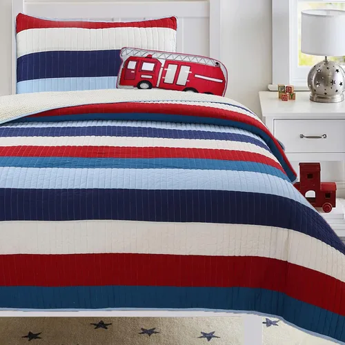 Vista 12 de Cozy Line Home Fashions Juego de ropa de cama reversible de 100% algodón con rayas rojas y azul marino (Harlan, individual, 2 piezas)