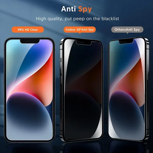 Vista 3 de Fotbor Compatible con 2 protectores de pantalla de privacidad para iPhone 14 Plus + 2 protectores de lente de cámara, vidrio templado inastillable