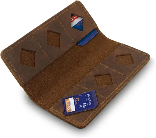 Vista 12 de MegaGear Tarjetero SD de cuero con 12 ranuras para tarjetas Camello